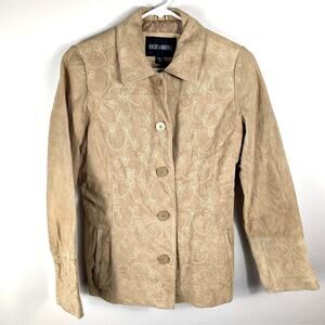 Bernardo Petite XS Tan Genuine Leather Embroidered Jacket Women Boho Moto Button